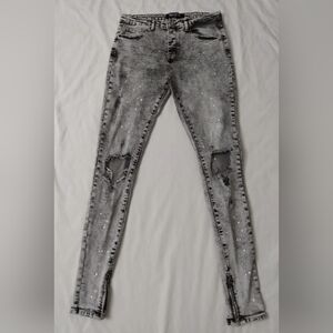 MEN JEANS GREY BLACK DISTRESSED SUPER SKINNY SIZE 34 measures waist 31 inseam 32